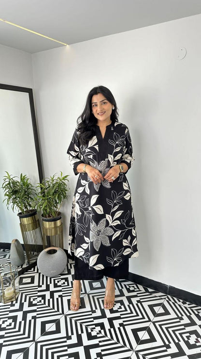 Premium Black Floral Print Pure Cotton Co-Ord Set for Women | A-Line Kurti & Ankle-Length Palazzo