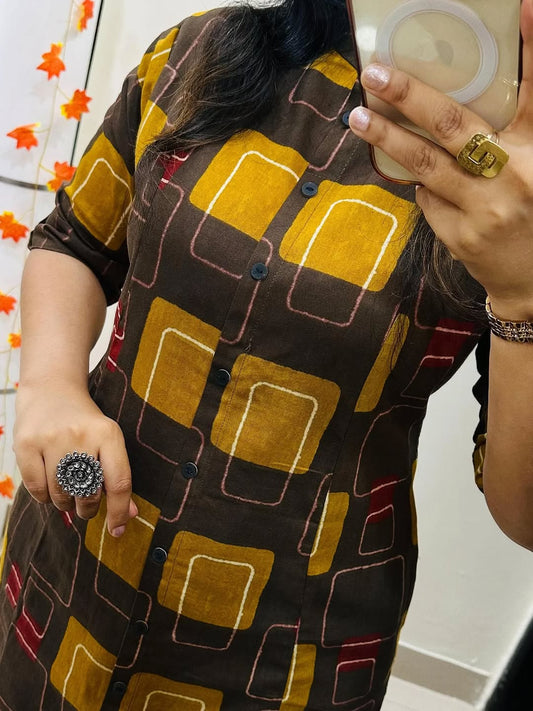 Premium Brown Geometric Print Pure Cotton Co-Ord Set for Women | A-Line Kurti & Palazzo Set