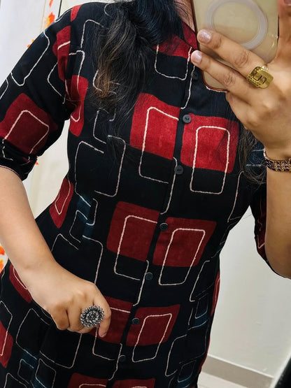 Premium Black & Red Geometric Print Pure Cotton Co-Ord Set for Women | A-Line Kurti & Palazzo Set