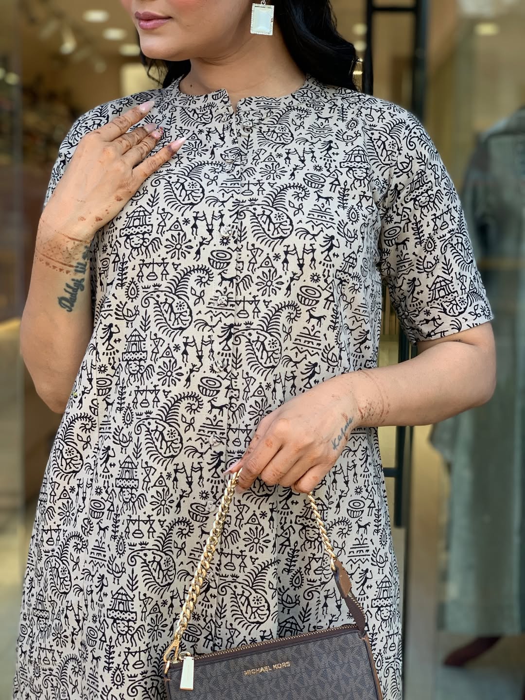 Premium Beige Abstract Print Pure Cotton Co-Ord Set for Women | A-Line Kurti & Palazzo Set