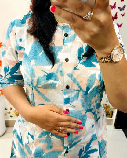 Premium Blue Leaf Print Pure Cotton Co-Ord Set for Women | A-Line Kurti & Palazzo Set