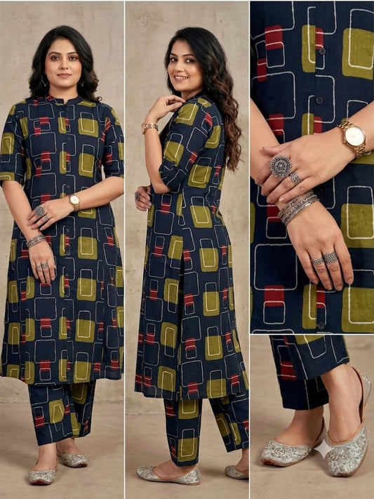 Premium Navy Blue Geometric Print Pure Cotton Co-Ord Set for Women | A-Line Kurti & Palazzo Set