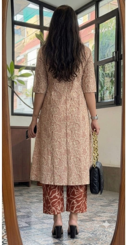 Premium Ivory & Rust Tribal Print Pure Cotton Co-Ord Set for Women | A-Line Kurti & Palazzo Set