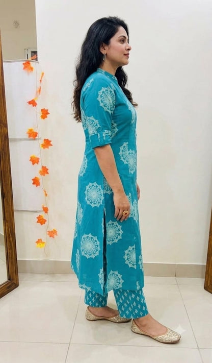 Premium Teal Mandala Print Pure Cotton Co-Ord Set for Women | A-Line Kurti & Palazzo Set