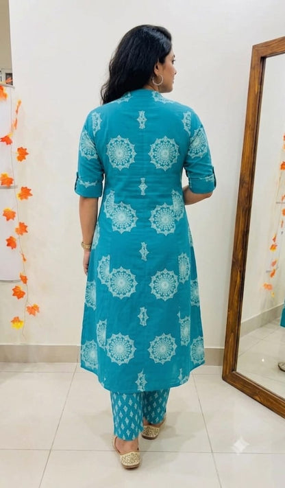 Premium Teal Mandala Print Pure Cotton Co-Ord Set for Women | A-Line Kurti & Palazzo Set