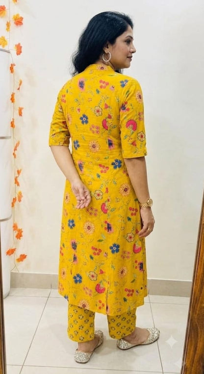 Premium Mustard Floral Print Pure Cotton Co-Ord Set for Women | A-Line Kurti & Palazzo Set