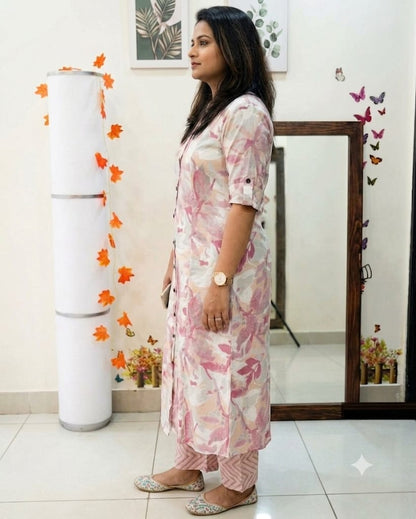 Premium Pink Floral Print Pure Cotton Co-Ord Set for Women | A-Line Kurti & Palazzo Set