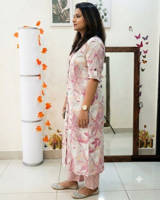 Premium Pink Floral Print Pure Cotton Co-Ord Set for Women | A-Line Kurti & Palazzo Set