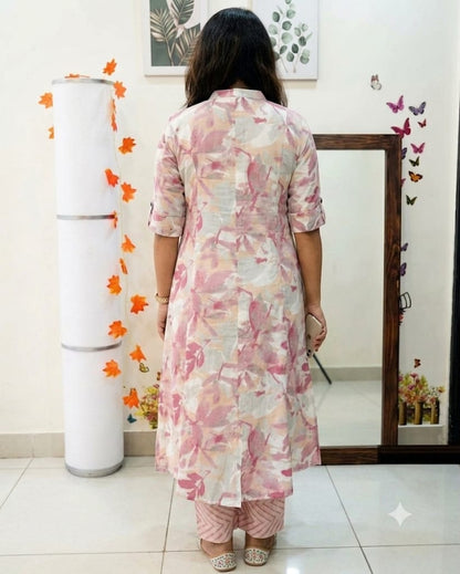 Premium Pink Floral Print Pure Cotton Co-Ord Set for Women | A-Line Kurti & Palazzo Set