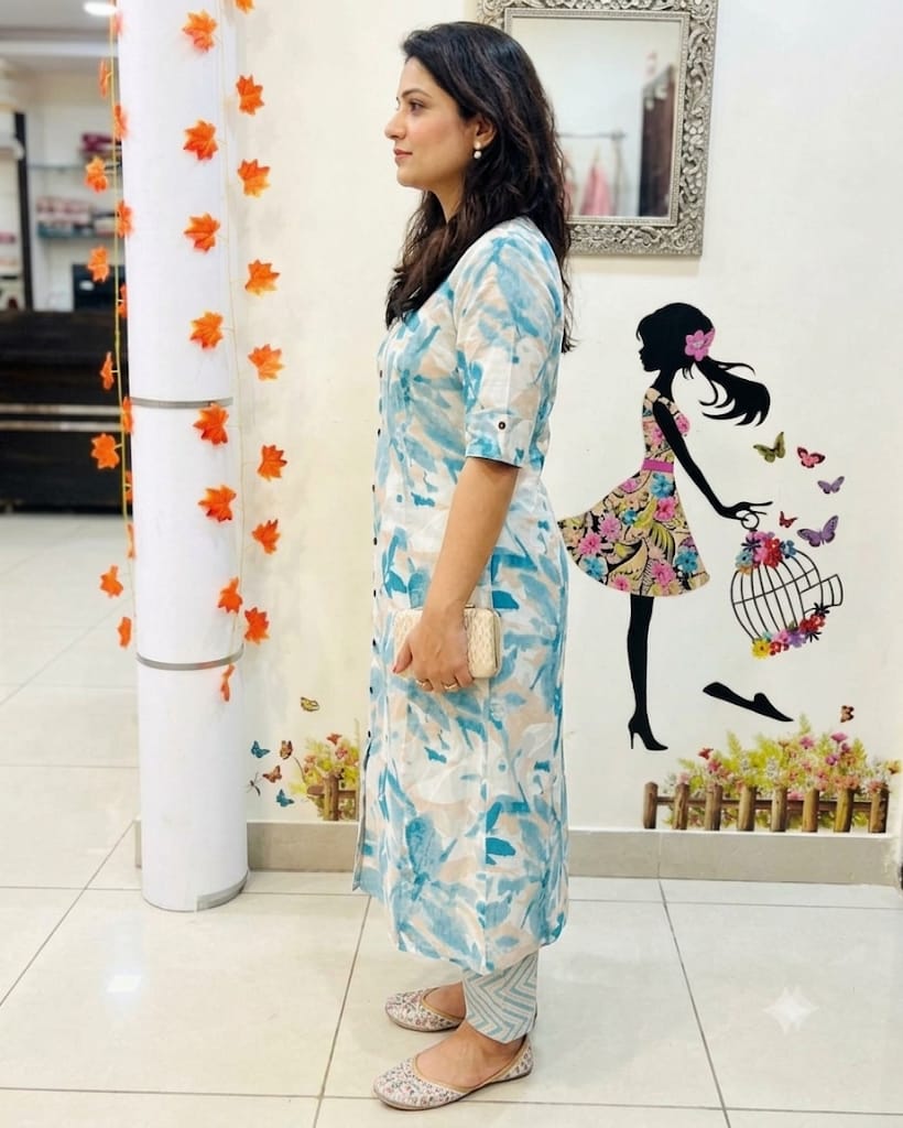 Premium Blue Leaf Print Pure Cotton Co-Ord Set for Women | A-Line Kurti & Palazzo Set