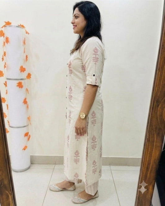 Premium Cream & Grey Block Print Pure Cotton Co-Ord Set for Women | A-Line Kurti & Palazzo Set
