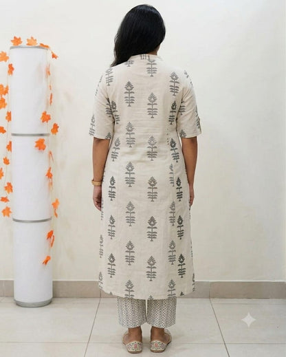 Premium Cream & Grey Block Print Pure Cotton Co-Ord Set for Women | A-Line Kurti & Palazzo Set