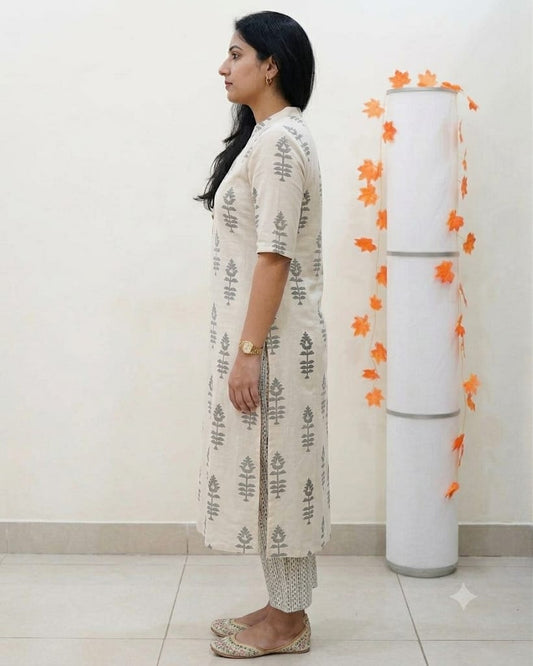 Premium Cream & Grey Block Print Pure Cotton Co-Ord Set for Women | A-Line Kurti & Palazzo Set
