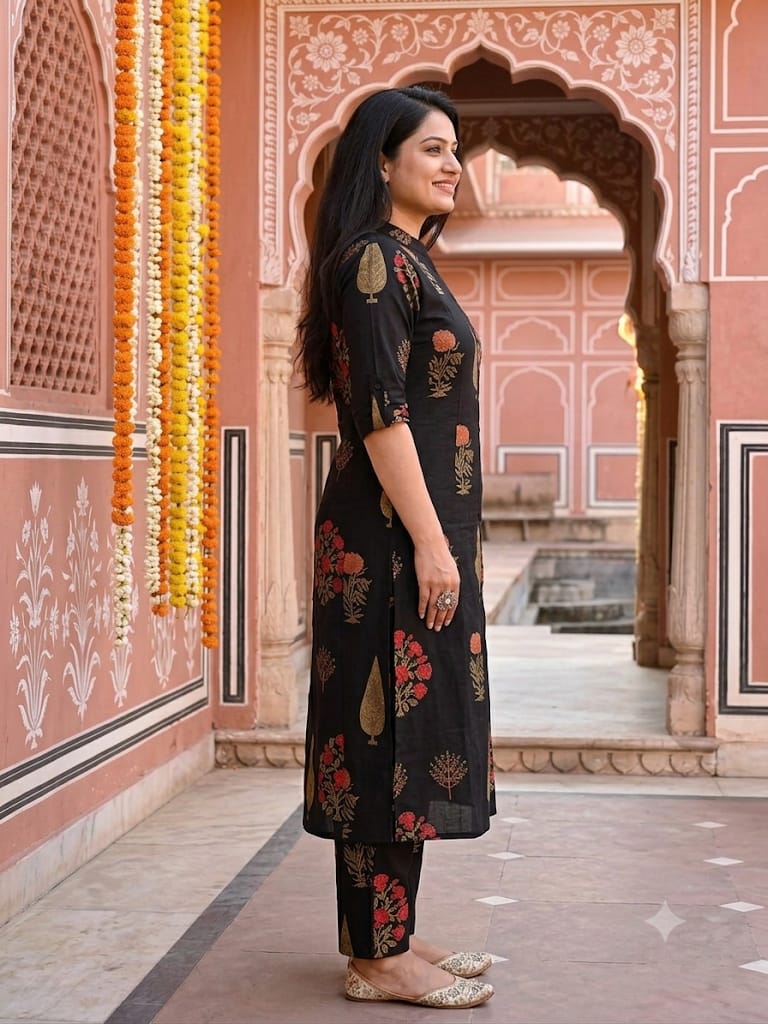 Premium Black Floral Print Pure Cotton Co-Ord Set for Women | A-Line Kurti & Ankle-Length Palazzo
