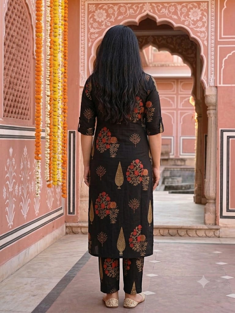 Premium Black Floral Print Pure Cotton Co-Ord Set for Women | A-Line Kurti & Ankle-Length Palazzo