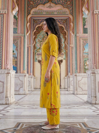 Premium Mustard Yellow Floral Print Pure Cotton Co-Ord Set for Women | A-Line Kurti & Ankle-Length Palazzo