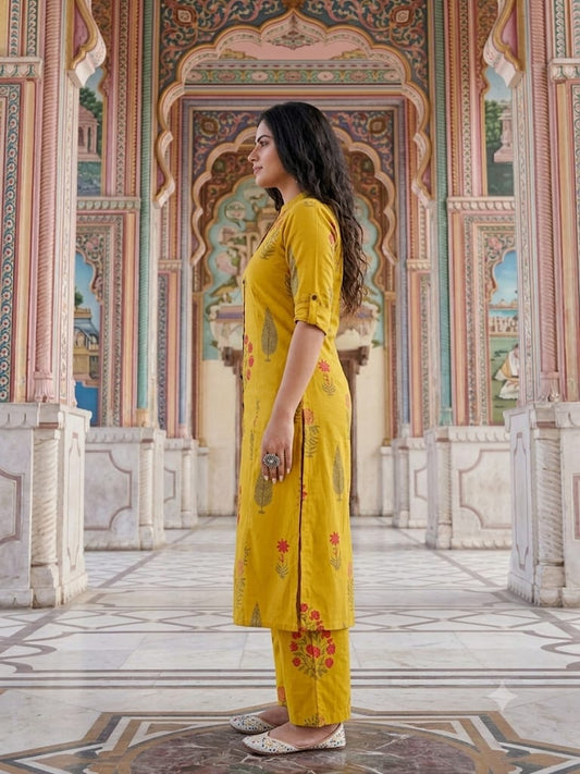 Premium Mustard Yellow Floral Print Pure Cotton Co-Ord Set for Women | A-Line Kurti & Ankle-Length Palazzo