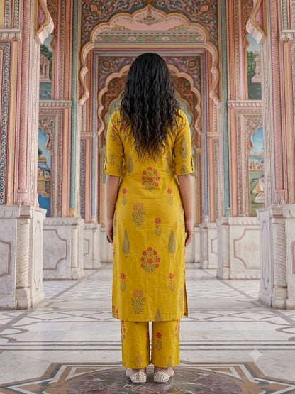 Premium Mustard Yellow Floral Print Pure Cotton Co-Ord Set for Women | A-Line Kurti & Ankle-Length Palazzo
