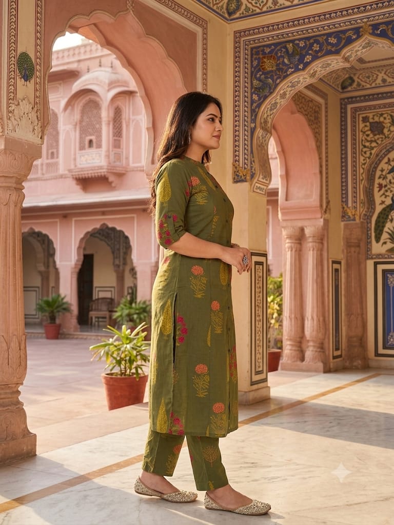 Premium Olive Green Floral Print Pure Cotton Co-Ord Set for Women | A-Line Kurti & Ankle-Length Palazzo