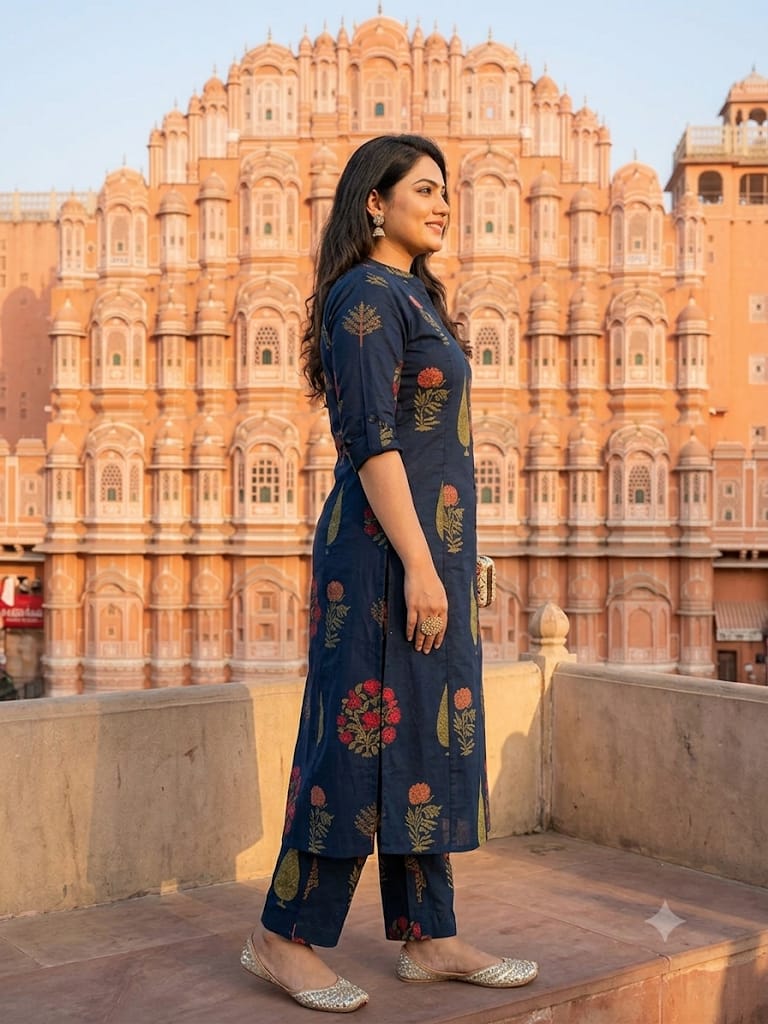 Premium Navy Blue Floral Print Pure Cotton Co-Ord Set for Women | A-Line Kurti & Ankle-Length Palazzo