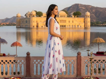 Premium Off White Botanical Print Pure Cotton Sleeveless Co-Ord Set for Women | A-Line Kurti & Ankle-Length Palazzo
