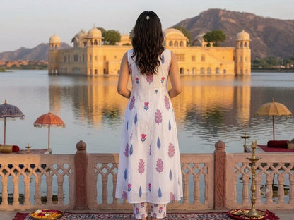 Premium Off White Botanical Print Pure Cotton Sleeveless Co-Ord Set for Women | A-Line Kurti & Ankle-Length Palazzo