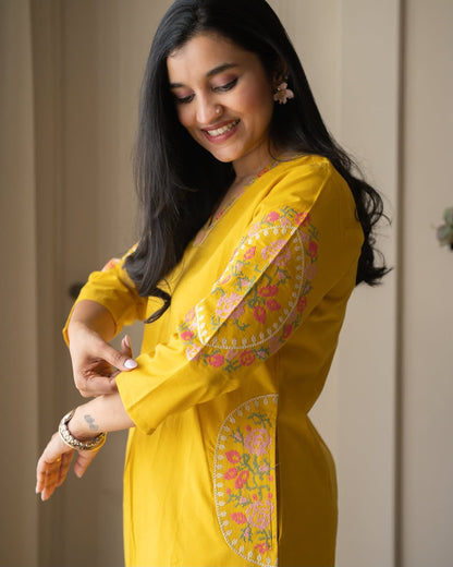 Women’s Premium Cotton 60/60 Embroidered Co-ord Set | Floral Embroidered Straight Kurti & Pant Set