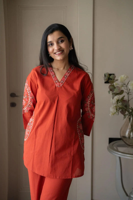 Women’s Premium Cotton 60/60 Embroidered Co-ord Set | Floral Embroidered Straight Kurti & Pant Set
