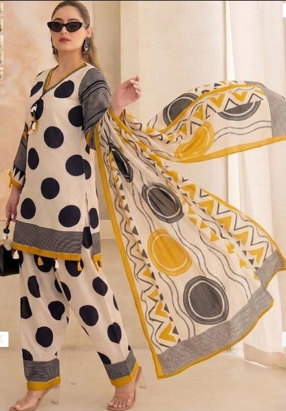 Women’s Cotton 60/60 Printed Kurta Pant Dupatta Set | Front Dori with Heavy Tassel Detailing