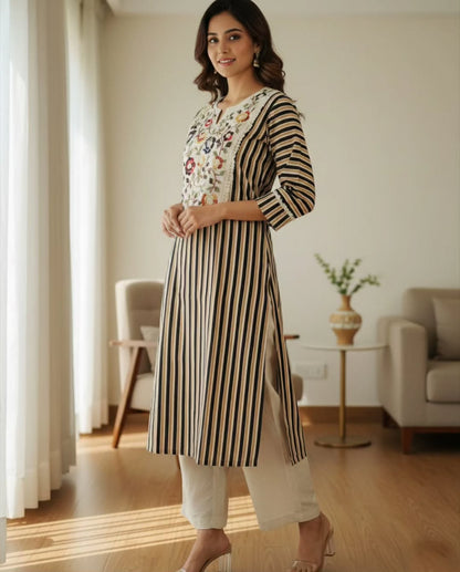 Women’s Premium Kota Doriya Kurti Pant Dupatta Suit Set | Elegant Striped Kurti with Cotton Pant & Kota Dupatta