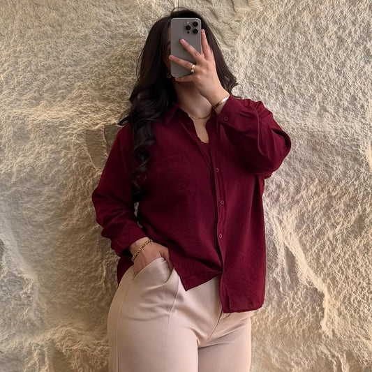 Women’s Premium Cotton 60/60 Shirt & Cotton Flex Pant Set | Stylish Maroon Shirt with Cream Pant