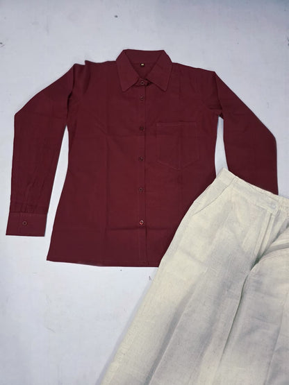 Women’s Premium Cotton 60/60 Shirt & Cotton Flex Pant Set | Stylish Maroon Shirt with Cream Pant