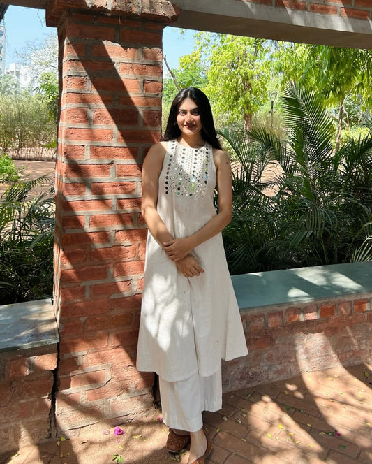 Premium Cotton Flex Sleeveless Kurta Palazzo Set with Heavy Mirror Work