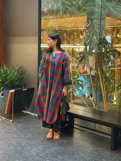 Premium Mul Cotton Madrasi Checks A-Line Kurti with Cotton Palazzo Set