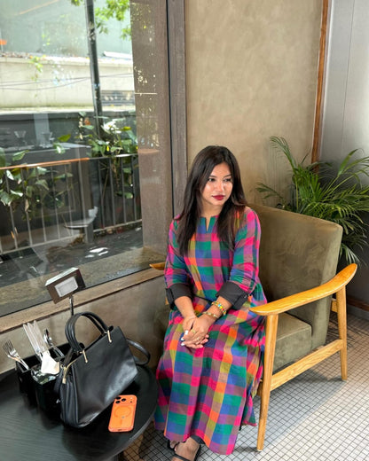 Premium Mul Cotton Madrasi Checks A-Line Kurti with Cotton Palazzo Set