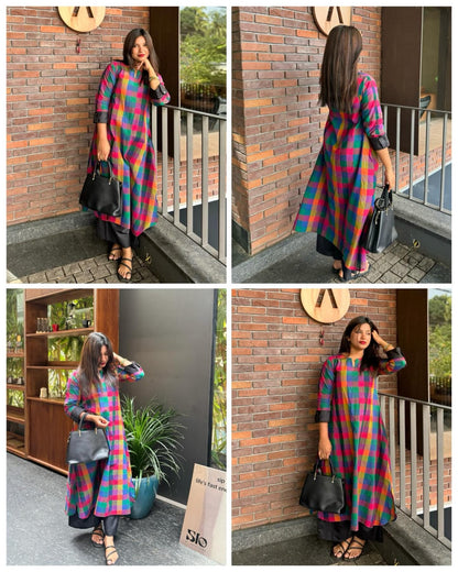 Premium Mul Cotton Madrasi Checks A-Line Kurti with Cotton Palazzo Set