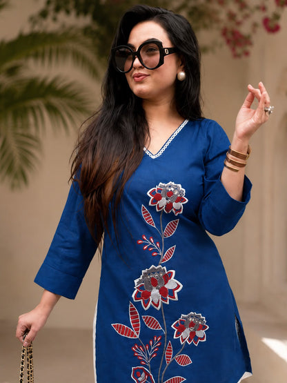 Women’s Premium Cotton Slub Embroidered Co-ord Set | Floral Kurti & Pant with Tassel Detailing