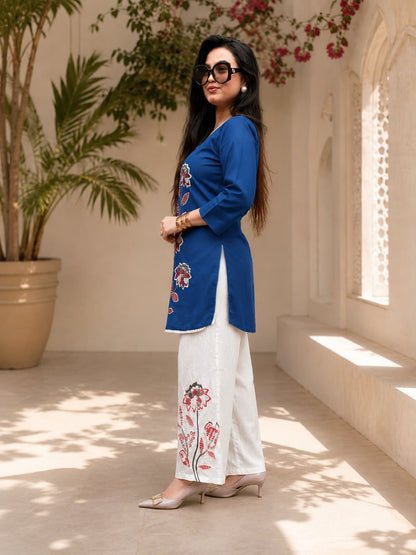 Women’s Premium Cotton Slub Embroidered Co-ord Set | Floral Kurti & Pant with Tassel Detailing