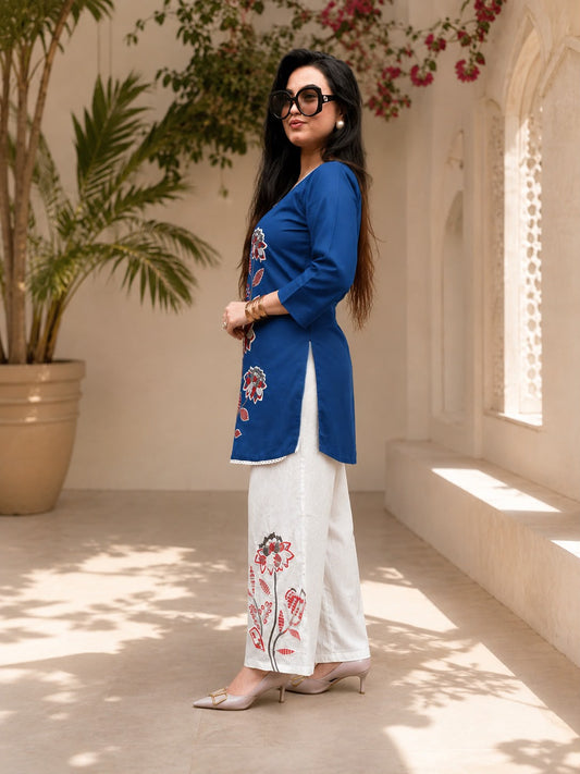 Women’s Premium Cotton Slub Embroidered Co-ord Set | Floral Kurti & Pant with Tassel Detailing