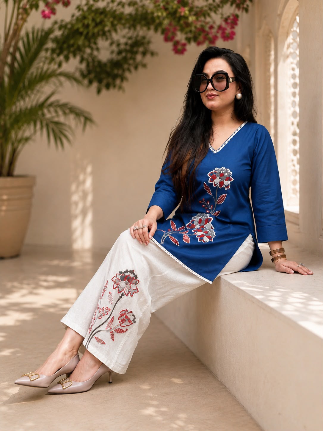Women’s Premium Cotton Slub Embroidered Co-ord Set | Floral Kurti & Pant with Tassel Detailing