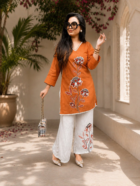 Women’s Premium Cotton Slub Embroidered Co-ord Set | Floral Kurti & Pant with Tassel Detailing