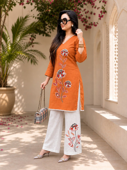 Women’s Premium Cotton Slub Embroidered Co-ord Set | Floral Kurti & Pant with Tassel Detailing