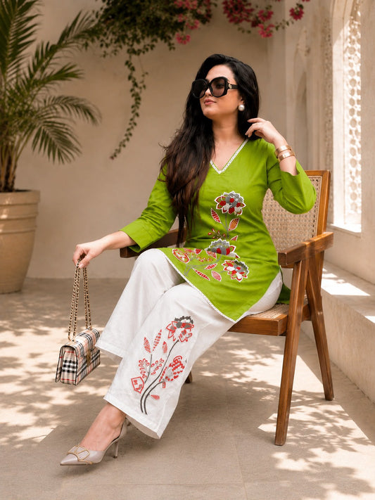 Women’s Premium Cotton Slub Embroidered Co-ord Set | Floral Kurti & Pant with Tassel Detailing