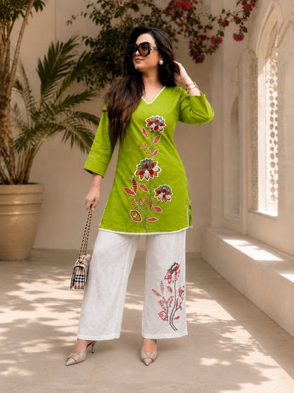 Women’s Premium Cotton Slub Embroidered Co-ord Set | Floral Kurti & Pant with Tassel Detailing