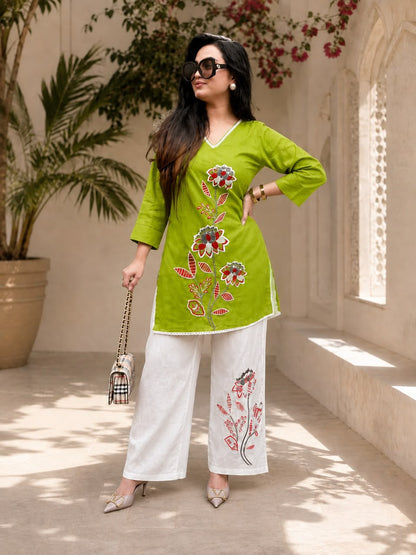 Women’s Premium Cotton Slub Embroidered Co-ord Set | Floral Kurti & Pant with Tassel Detailing