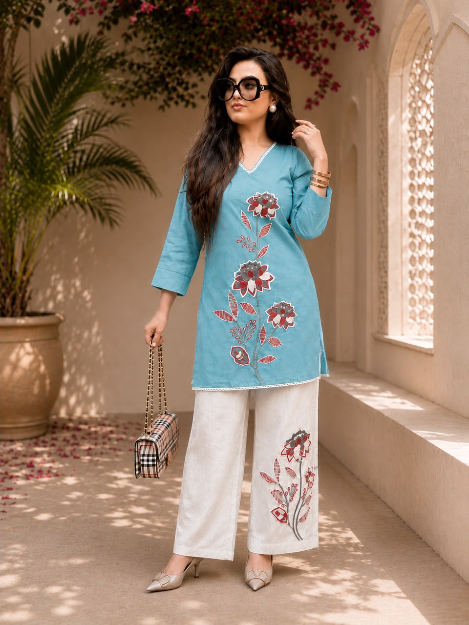 Women’s Premium Cotton Slub Embroidered Co-ord Set | Floral Kurti & Pant with Tassel Detailing