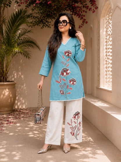 Women’s Premium Cotton Slub Embroidered Co-ord Set | Floral Kurti & Pant with Tassel Detailing