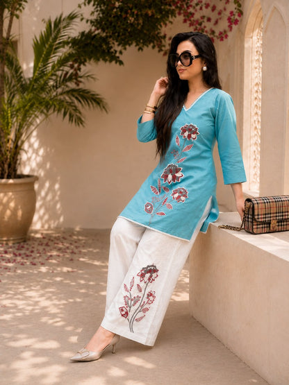 Women’s Premium Cotton Slub Embroidered Co-ord Set | Floral Kurti & Pant with Tassel Detailing
