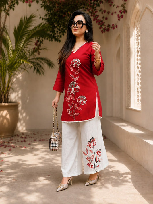 Women’s Premium Cotton Slub Embroidered Co-ord Set | Floral Kurti & Pant with Tassel Detailing
