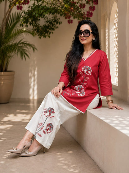 Women’s Premium Cotton Slub Embroidered Co-ord Set | Floral Kurti & Pant with Tassel Detailing